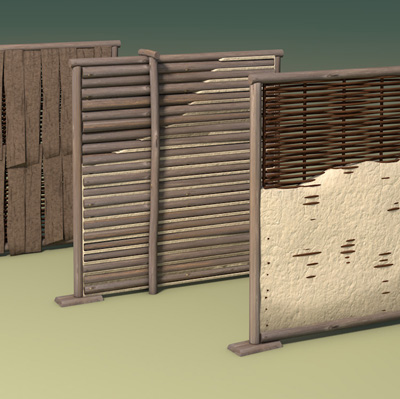 3D-Modell: Verschiedene Wandkonstruktionen, die bei verschiedensten bronzezeitlichen Pfahlbauten nachgewiesen werden konnten.
